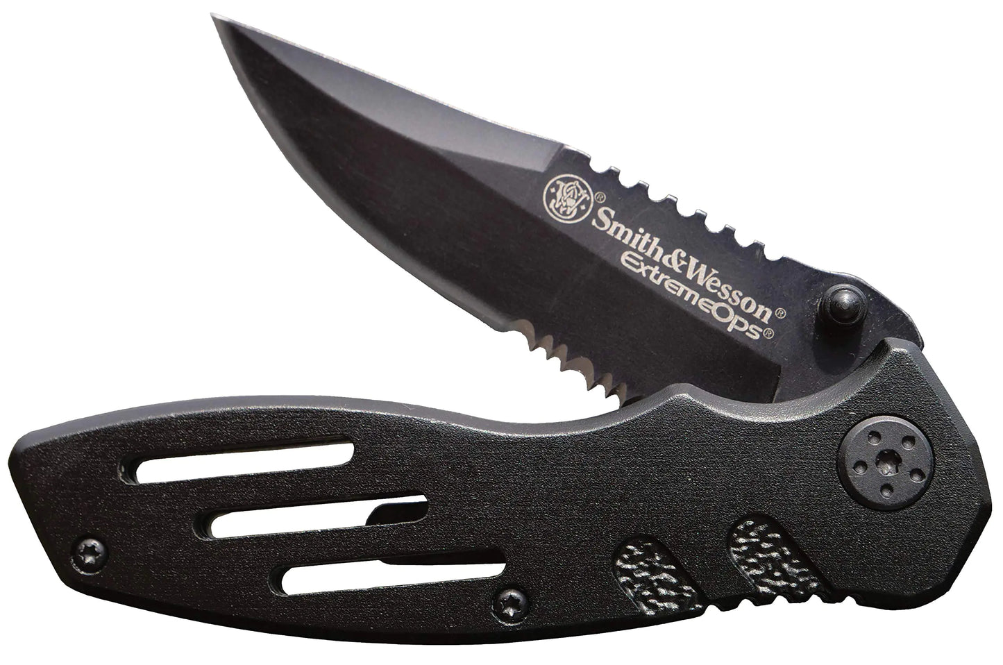 Smith & Wesson Accessories Extreme Ops SWA24S 7.1in S.S. Folding Knife with 3.1in Serrated Clip Point Blade and Aluminum Handle for Outdoor Tactical Survival and EDC