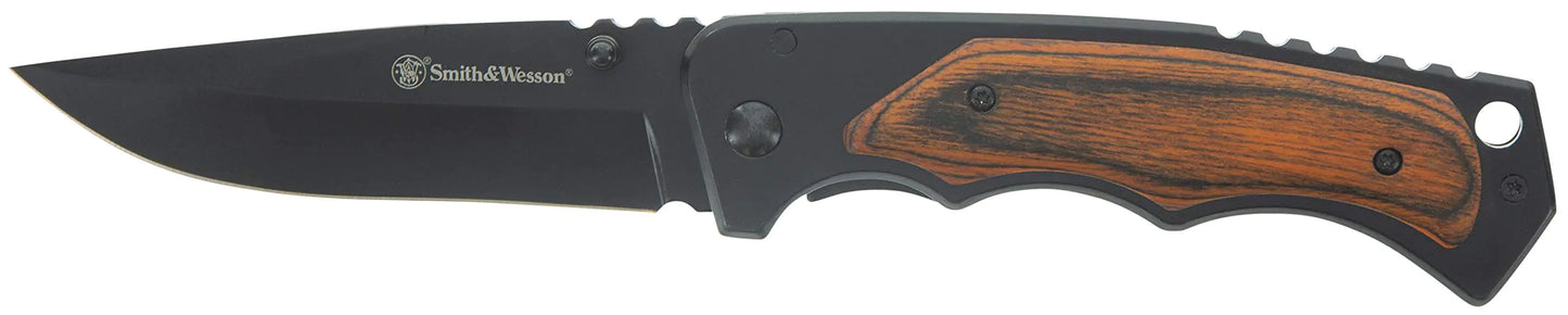 Smith & Wesson 8.5in S.S. Folding Knife with 3.7in Drop Point Blade and S.S. and Real Wood Insert Handle for Outdoor Tactical Survival and EDC