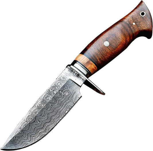 BIGCAT ROAR Handmade Damascus Hunting Knife - Bushcraft Fixed Blade Hunting Knife with Sheath and Walnut Wood Handle - 10″ EDC Skinning Knife - 4.8” Blade Length