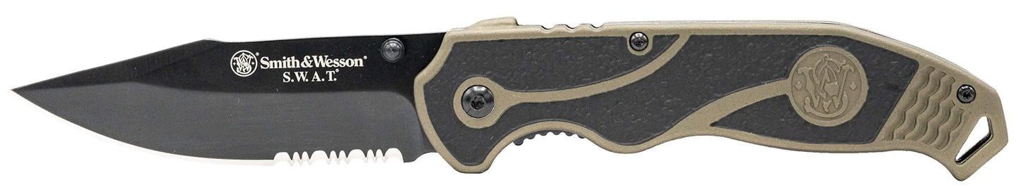 SMITH & WESSON SWAT II 8.5in S.S. Spring Assisted Folding Knife with 3.5in Serrated Drop Point and Rubberized Aluminum Handle for Outdoor Survival and EDC Black