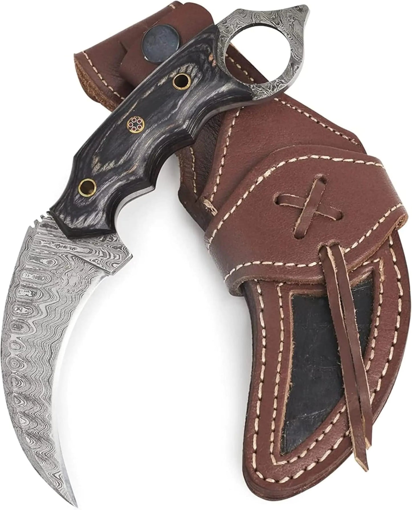 BIGCAT ROAR 7.5″ Handmade Karambit Damascus Hunting Knife with Leather Sheath - Ideal for Skinning Camping Outdoor - Full Tang Fixed Blade with Walnut Wood Handle - 3.6” Blade Length