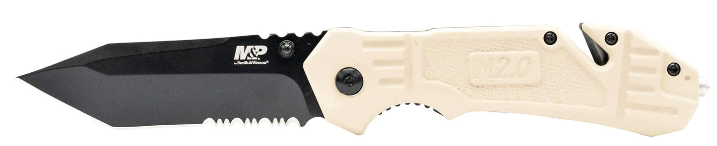 Smith & Wesson M&P FDE 8.2in High Carbon S.S. Spring Assisted Folding Knife with 8in Serrated Tanto Blade and Rubberized Handle for Outdoor Survival and EDC One Size
