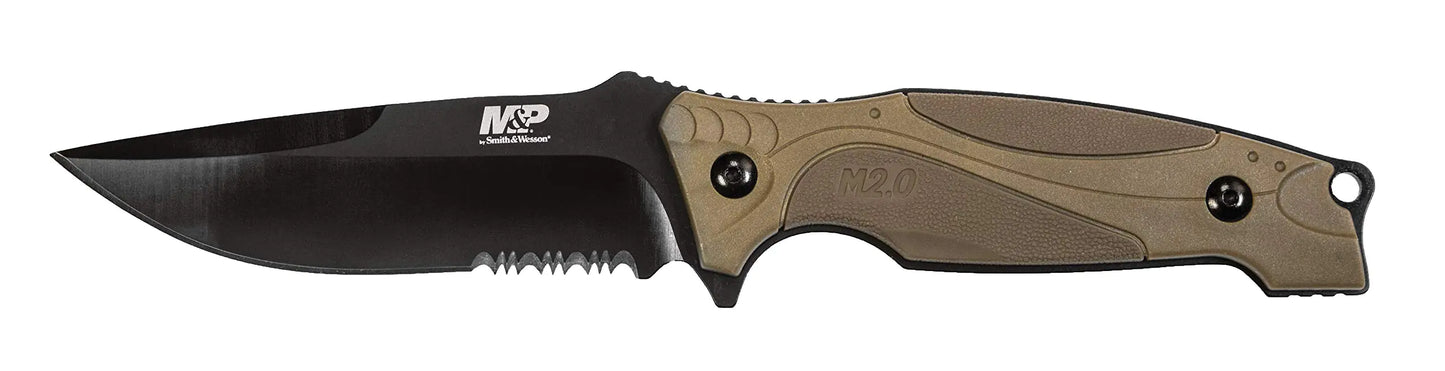 Smith & Wesson M&P M2.0 9in S.S. Full Tang Thin Fixed Blade Knife with 4in Drop Point Blade and Rubber FDE Handle for Outdoor Tactical Survival and EDC
