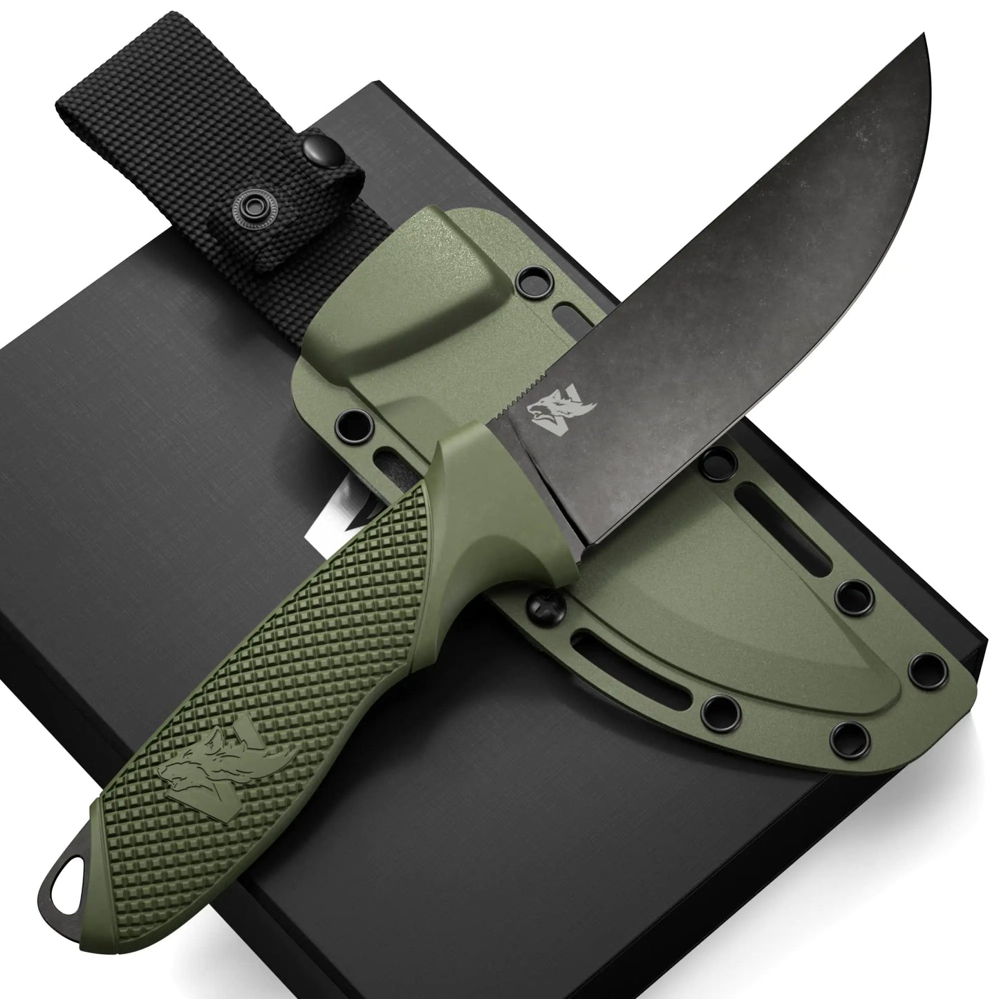 ODENWOLF W-FLAT Full Tang Survival Knife with Sheath - Stylish Tactical Fixed Blade Knife - Made of D2 Steel - Bushcraft and Camping or Survival - Perfect EDC Hunting Knife with TPE Handle