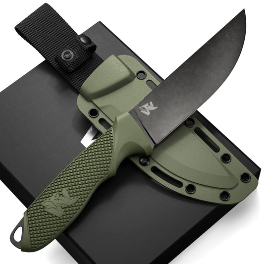 ODENWOLF W-FLAT Full Tang Survival Knife with Sheath - Stylish Tactical Fixed Blade Knife - Made of D2 Steel - Bushcraft and Camping or Survival - Perfect EDC Hunting Knife with TPE Handle