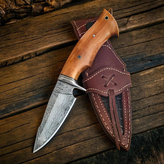 BIGCAT ROAR Handmade Damascus Hunting Knife - Bushcraft Fixed Blade with Sheath and Olive Wood Handle - 10″ EDC Skinning Knife - 4.8” Blade Length