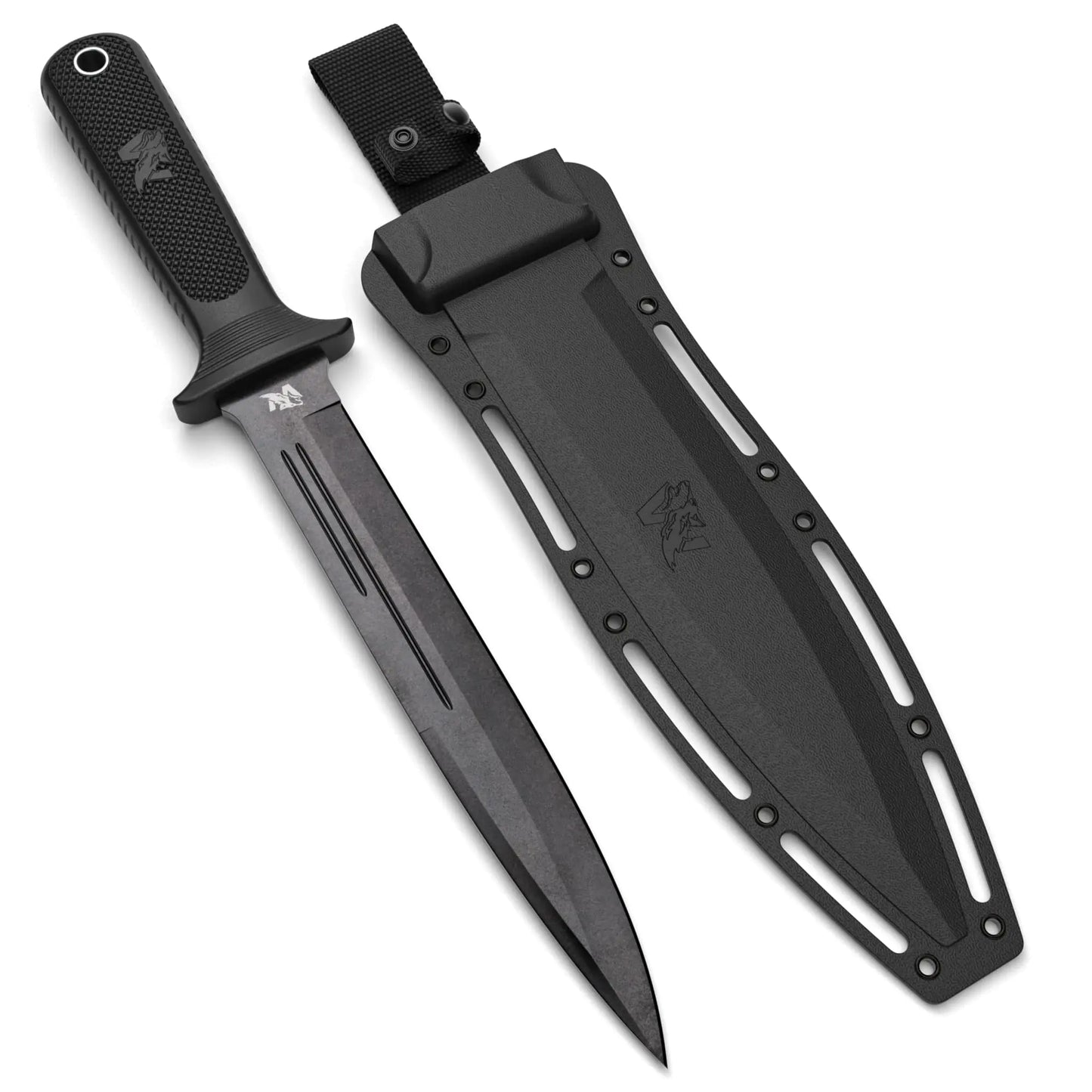 ODENWOLF W-Catcher Double Sided Fixed Blade Knife with Sheath - Large Hunting Knife made of D2 steel -  9” Blade Overall Length of 14” with Non-Slip TPE Handle - Full Tang Survival Knife for Outdoor Activities
